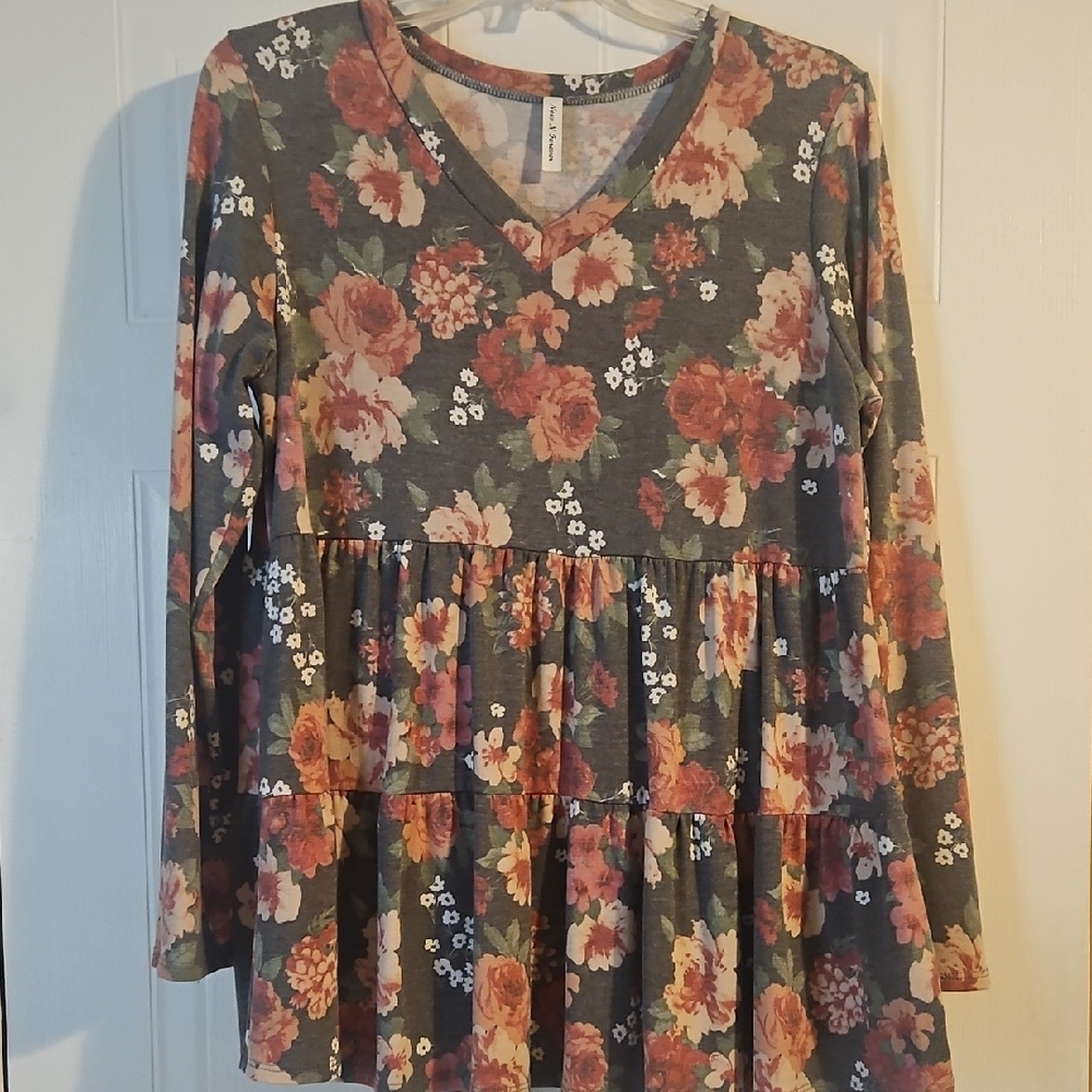 Now N Forever Floral Long Sleeve Baby Doll Shirt